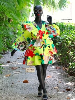 Christopher John Rogers Neon Floral Puff-Sleeve Tiered Mini Dress